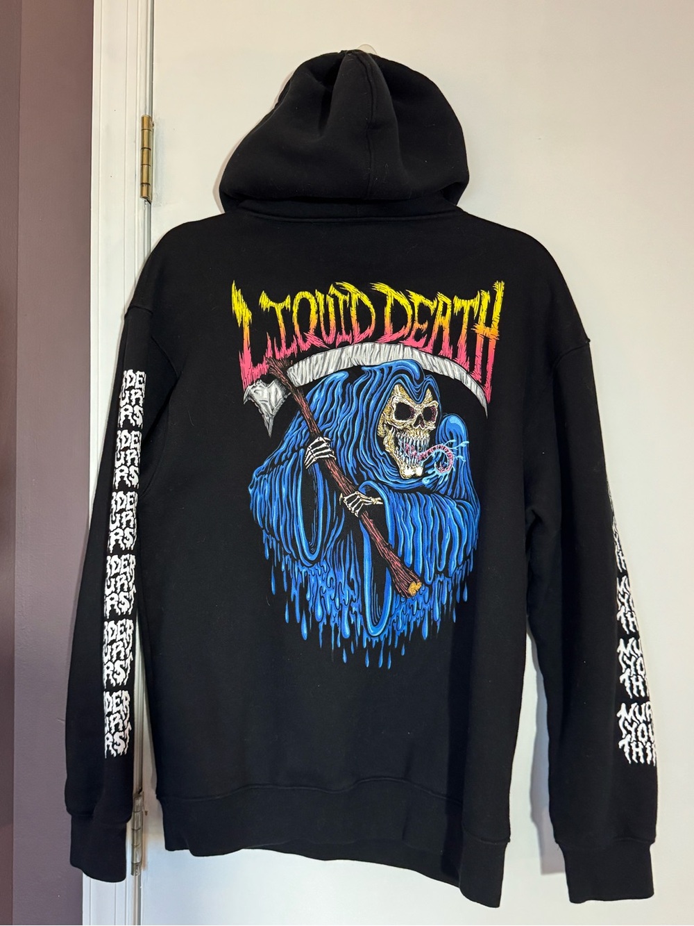 Liquid Death Black Graphic Hoodie - Blue Grim Reaper Design - S